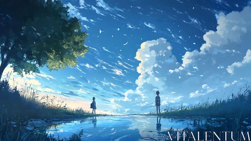 Two figures meet beneath vast reflective summer sky.