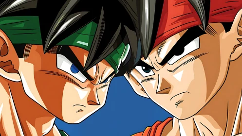 Saiyan glare duel ignites a charged, headband-clad standoff.