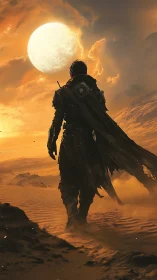 Desert wanderer under burning twin suns at dusk.