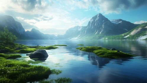 Glacial fjord lake with hyperreal atmospheric depth rendering.