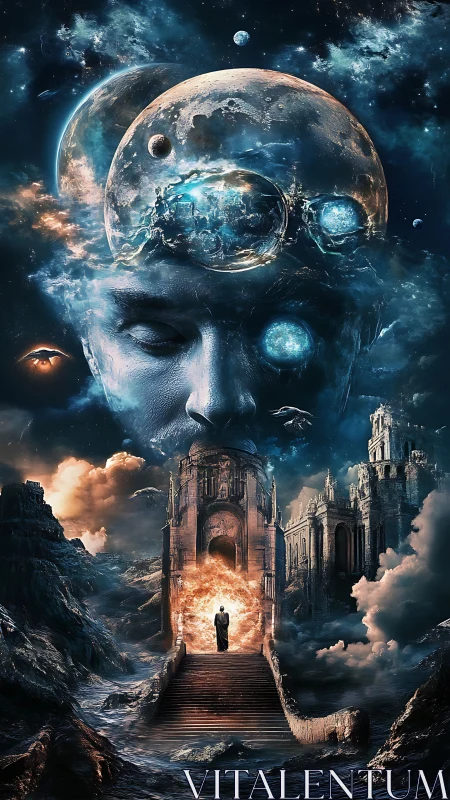 Cosmic subconscious gateway beneath layered lunar spheres.