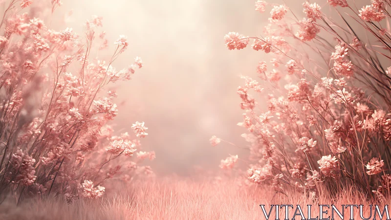 Soft-focus pink meadow renders ethereal floral corridor