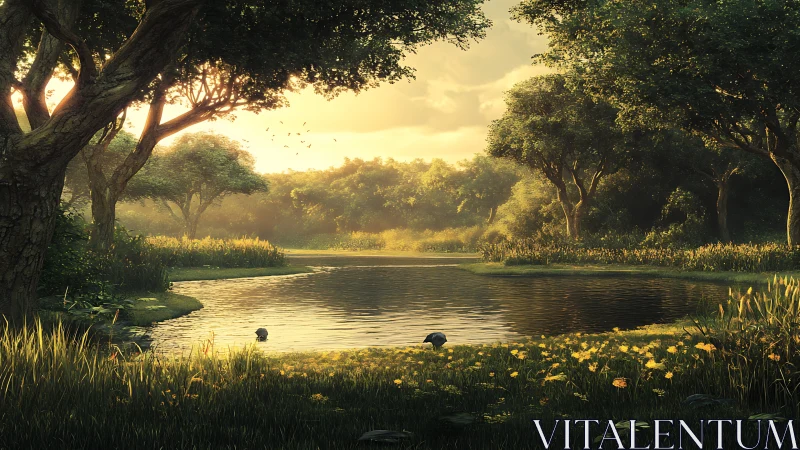 Golden forest pond glowing softly in the late afternoon light.