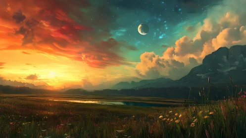 Dual sky over luminous valley in tranquil fantasy dusk.