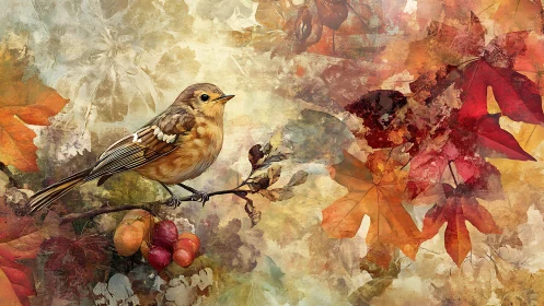 Songbird on autumn branch amid textured painted leaves.