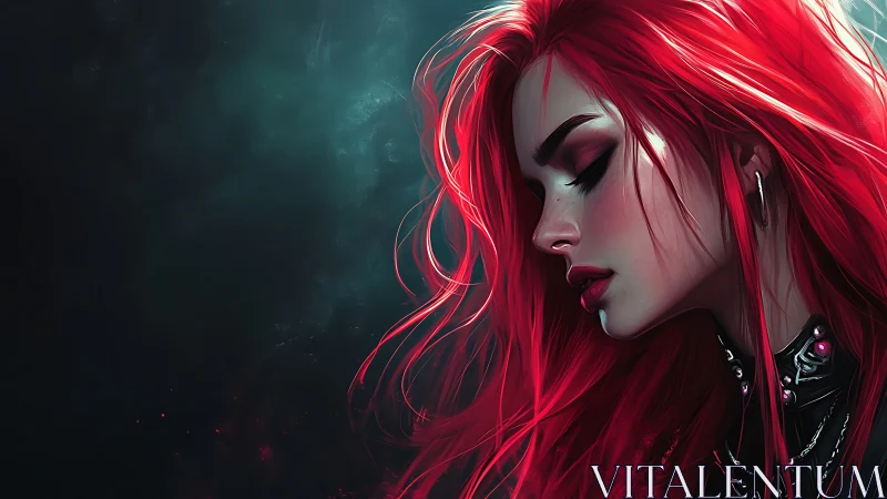 Red haired woman in profile glows against dark teal void
