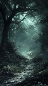 Mist-Wrapped Sanctuary: Ancient Trees Shelter a Luminous Path