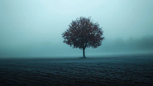 Lone autumn tree breathing color into a frozen blue haze.