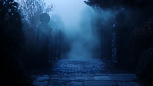Misty moonlit gate inviting curious hearts into the fog.