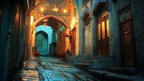 Nocturnal mosaic bazaar corridor with chromatic light gradients.