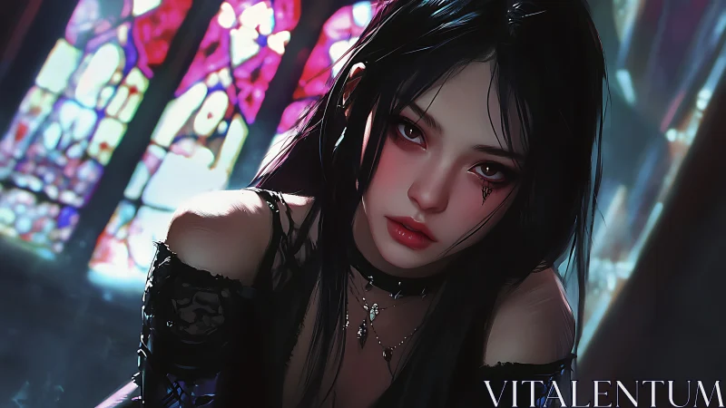 Gothic anime portrait under stained glass cathedral lighting.