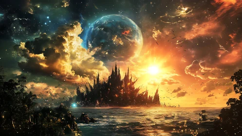 Dramatic alien seascape with spired city at sunset.