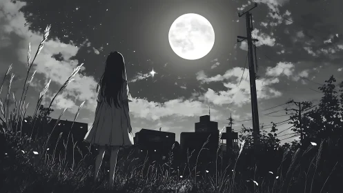 Moonlit girl in grayscale meadow gazes toward silent city sky.