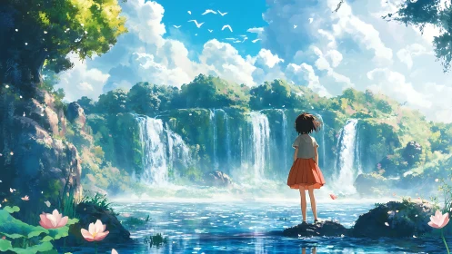 Girl observing multi-tier waterfall in lush valley landscape.