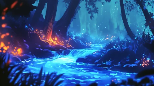 Bioluminescent Forest Stream with Fire and Ice Elements.