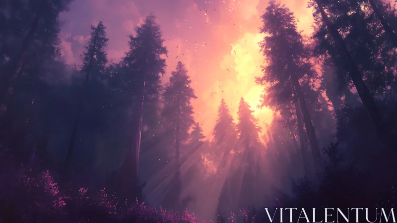Coniferous Forest Sunrise with Volumetric Light Rays and Atmospheric Haze
