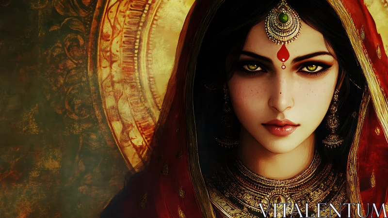 Symmetric digital portrait of jeweled woman with aureate halo.