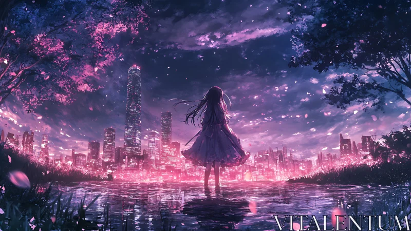 Girl by reflective lake facing neon pink city skyline.