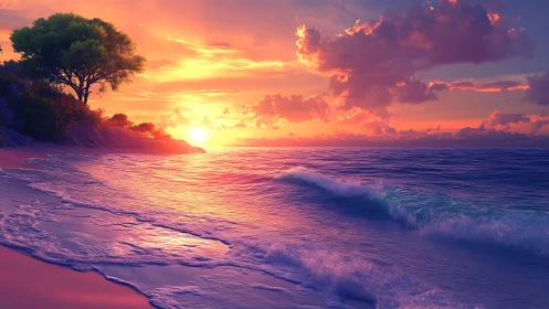 Vivid sunset over calm ocean waves and quiet shoreline.