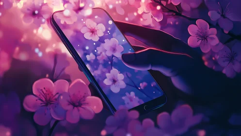 Smartphone screen reflecting neon-lit cherry blossoms at dusk.