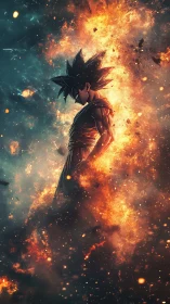 Silhouetted fighter amid vertical column of explosive light.