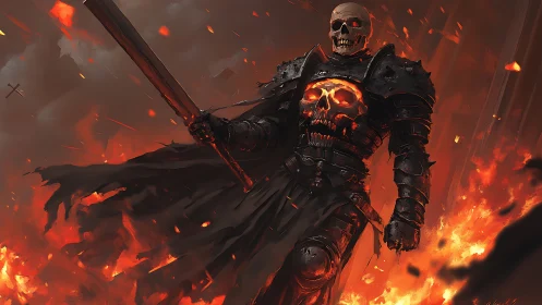 Armored skeletal warrior strides through flames holding sword