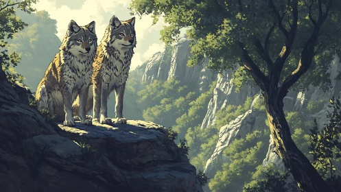 Two wolves standing on rocky ledge in sunlit forest gorge.