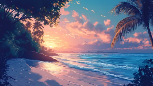 Sunset colors warmly embrace a quiet tropical beach shoreline