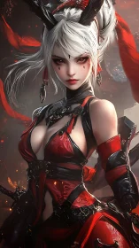 White-haired demon warrior radiates power in ember-lit realm.