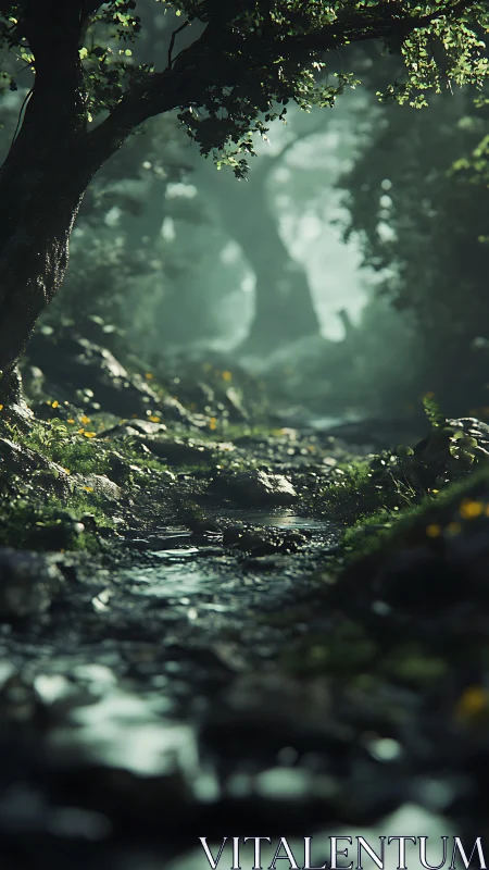 Forest stream beneath ancient tree with filtered light