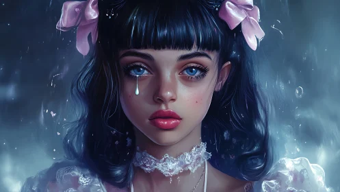 Porcelain tear princess bathed in moonlit crystal rain.