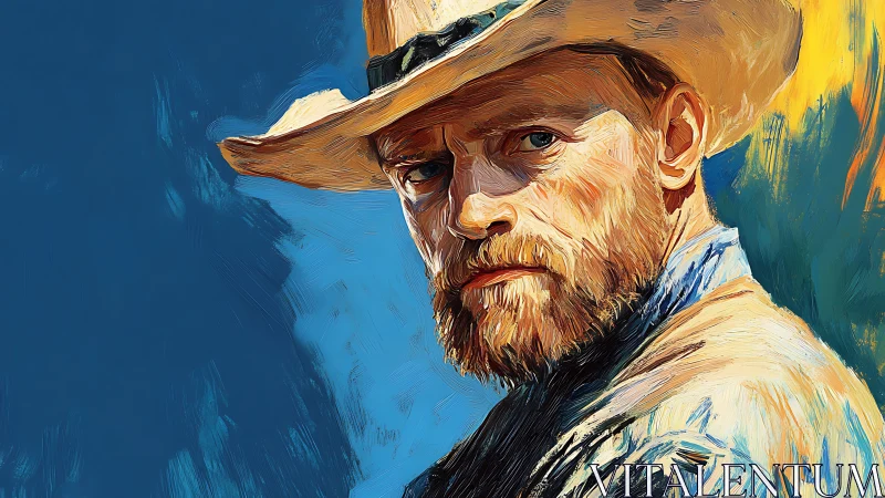 Sunburned cowboy in oil-brushed blues and blazing gold.