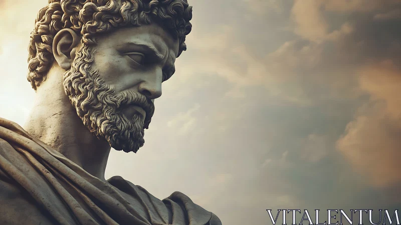 Stone statue of bearded man gazes downward against clouds