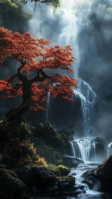 Red tree stands before misty multi tier waterfall in gorge