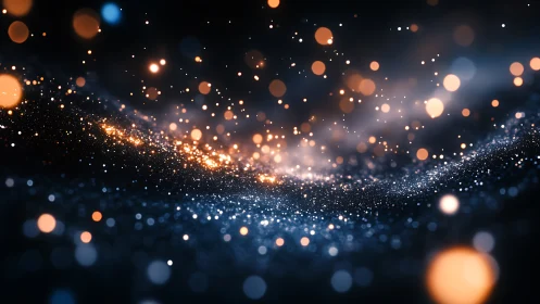 Abstract digital wave of glowing bokeh particles at night.