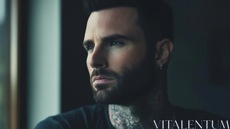 Man with beard and tattoos looks out of window indoors