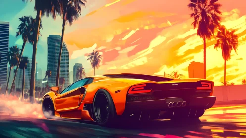 Sunset sprint through neon city streets and waving palms.