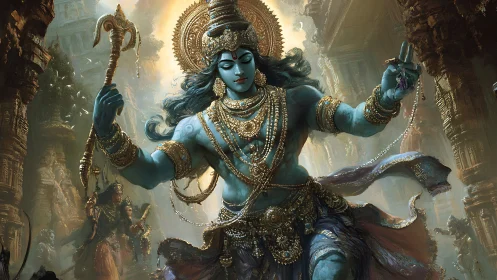 Blue warrior deity dances through crumbling temple ruins.