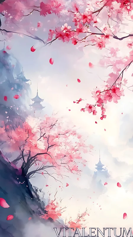 Vertical sakura landscape renders misty pagodas with soft gradients