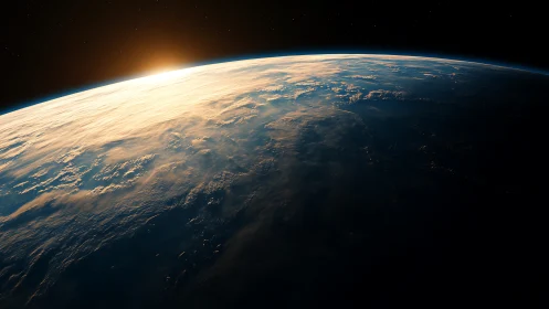 Low Earth orbit sunrise with illuminated cloud deck curvature