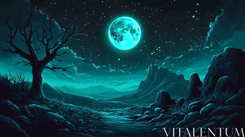 Luminous teal moonrise over haunted alien valley at dusk.