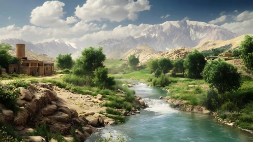 Mountain valley river with stone village and lush greenery.