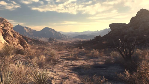 Rendered arid valley landscape shows rocky terrain and distance