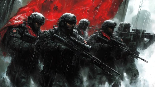 Armored soldiers advance through rain before red war banner