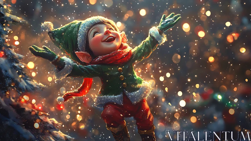 Joyful Christmas elf under dynamic bokeh lighting and snowfall
