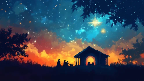 Nativity silhouette glows beneath a luminous, star-filled sky