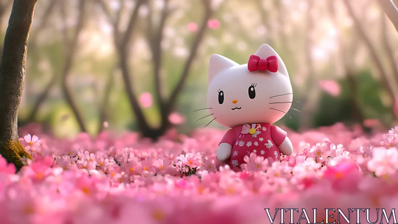Cartoon cat figure stands in pink flower field during spring