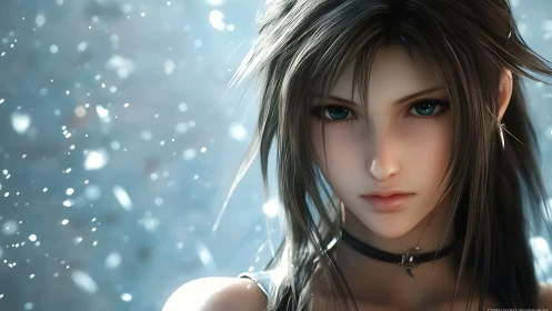 Gentle winter gaze of a silver‑haired anime heroine.