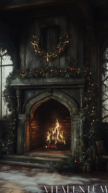 Stone fireplace with garland and winter holiday wreath decor.