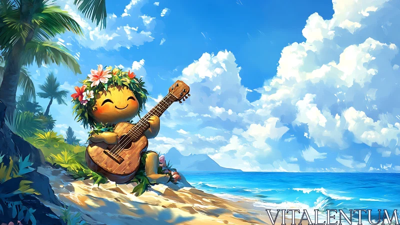 Tropical mascot plays wooden ukulele on sunlit beach shoreline